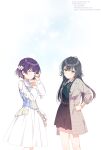  2girls absurdres annoyed averting_eyes black_skirt blush clenched_hand clothing_cutout corset crying dress flower gakuen_idolmaster green_eyes green_hair green_shirt grey_jacket hair_flaps hair_flower hair_ornament hand_on_own_hip hataya_misuzu hatsuboshi_gakuen_school_uniform highres idolmaster jacket long_hair looking_to_the_side multiple_girls omitsu plaid_clothes plaid_jacket purple_hair school_uniform shirt short_hair shoulder_cutout skirt sleeve_rolled_up standing tears tsukimura_temari white_background white_dress wiping_tears 