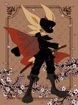 2025 anthro black_bottomwear black_clothing black_hat black_headwear black_jacket black_pants black_topwear boots bottomwear cape cherry_blossom cinderace clothing flame_pattern flower footwear fur generation_8_pokemon grey_boots grey_clothing grey_footwear hat headgear headwear hi_res jacket katana knee_boots knee_highs legwear looking_at_viewer melee_weapon mugi_cinderace nintendo pants petals plant pokemon pokemon_(species) pose prunus_(flower) red_eyes shoes smile solo standing sword topwear weapon white_body white_fur yellow_inner_ear