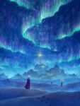  1girl absurdres au_ito aurora barefoot cloak commentary_request fantasy floating_hair footprints from_behind highres hood hooded_cloak lamp long_hair night night_sky original red_cloak sky solo standing star_(sky) starry_sky straight_hair tower very_wide_shot white_hair 