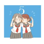  &gt;_&lt; 2girls :d animification arm_around_neck blush border brown_hair commentary countdown double_bun facing_viewer grey_hair grey_sailor_collar grey_skirt grin hair_bun kase_(ks_lys) love_live! love_live!_sunshine!! medium_hair multiple_girls neckerchief notice_lines outside_border pleated_skirt real_life red_neckerchief sailor_collar saitou_shuka salute school_uniform serafuku shirt short_sleeves skirt smile summer_uniform tie_clip uranohoshi_school_uniform voice_actor voice_actor_connection watanabe_you white_border white_shirt xd 