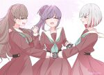  3girls :d ^_^ aqua_neckerchief black_gloves blush bob_cut brown_dress brown_hair closed_eyes collarbone commentary_request cowboy_shot diagonal_bangs dress flower fujishima_megumi gloves grey_hair hair_bun hair_flower hair_ornament half_gloves hasu_no_sora_school_uniform highres holding_hands interlocked_fingers inverted_bob link!_like!_love_live! long_hair long_sleeves looking_at_another love_live! momiji_(moj_0404) multiple_girls neckerchief open_mouth otomune_kozue pleated_dress red_flower red_hair sailor_collar sailor_dress school_uniform short_hair side_ponytail single_side_bun smile star_(symbol) star_hair_ornament translation_request two_side_up virtual_graduation_commemoration virtual_youtuber white_sailor_collar winter_uniform yugiri_tsuzuri 
