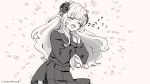  1girl :d ^_^ animal_ears beamed_eighth_notes blush brown_background closed_eyes eighth_note highres hololive horns long_hair long_sleeves monochrome musical_note official_art own_hands_together pleated_skirt puffy_long_sleeves puffy_sleeves quarter_note rino_cnc sailor_collar school_uniform serafuku sheep_ears sheep_girl sheep_horns shirt simple_background skirt smile solo tsunomaki_watame very_long_hair virtual_youtuber 
