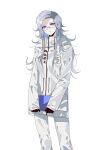  1girl aotsuki_eito black_gloves blue_eyes book commentary_request cowboy_shot drawstring eyelashes film_grain genderswap genderswap_(mtf) glasses gloves grey_hair highres holding holding_book jacket kurenaikiyumi long_hair long_sleeves pants pocket semi-rimless_eyewear sidelocks simple_background sleeves_past_wrists solo the_hundred_line_-last_defense_academy- white_background white_jacket white_pants 
