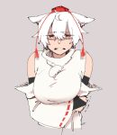  1girl animal_ears arm_under_breasts black_bridal_gauntlets breasts bridal_gauntlets clenched_teeth commentary_request detached_sleeves grey_background hat highres inubashiri_momiji large_breasts looking_at_viewer min.k orange_eyes pom_pom_(clothes) red_hat ribbon-trimmed_sleeves ribbon_trim shaded_face shirt short_hair simple_background sleeveless sleeveless_shirt solo teeth tokin_hat touhou turtleneck turtleneck_shirt upper_body white_hair white_shirt white_sleeves wince wolf_ears wolf_girl 