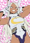  1girl animal_ears armpits arms_behind_head arms_up bare_shoulders boku_no_hero_academia breasts commentary covered_abs covered_navel crescent_print dark-skinned_female dark_skin english_commentary fur_collar gloves heart heart_print highleg highleg_leotard highres large_breasts leotard long_eyelashes long_hair looking_at_viewer mirko parallaxfused parted_bangs print_background rabbit_ears rabbit_girl rabbit_tail red_eyes sleeveless_turtleneck_leotard smile solo tail taut_leotard thighs toned toned_female very_long_hair white_gloves white_hair white_leotard 