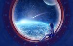  1girl above_clouds absurdres against_glass au_ito backlighting black_hair black_shirt black_shorts breasts cloud commentary_request from_side highres long_hair multicolored_shirt no_shoes original planet scenery science_fiction shirt short_sleeves shorts sidelocks sitting small_breasts solo space space_station star_(sky) straight_hair sun thighhighs white_shirt white_thighhighs wide_shot window windowsill zettai_ryouiki 