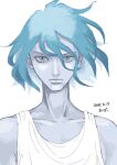  1boy blue_eyes blue_hair floating_hair glaring gundam gundam_gquuuuuux highres kikuzou_ramen looking_at_viewer male_focus partially_colored short_hair shuji_ito simple_background sleeveless solo tank_top upper_body white_background 