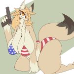  1:1 2019 anthro big_breasts big_butt bikini black_nose breasts butt canid canine cleavage clothed clothing female fluffy fluffy_tail fox fur grin gun hair handgun hi_res holding_object holding_weapon huge_breasts huge_butt looking_at_viewer mammal mostly_nude navel ranged_weapon sepiruth simple_background smile solo stars_and_stripes swimwear thick_thighs united_states_of_america voluptuous weapon wide_hips 
