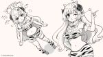  1girl animal_ears animal_print bare_shoulders blush breasts brown_background dutch_angle fur-trimmed_shorts fur_trim hair_ornament highres hololive horns lightning_bolt_hair_ornament lightning_bolt_symbol loose_socks medium_breasts monochrome official_art one_eye_closed parted_lips print_shorts print_socks rino_cnc shadow sheep_ears sheep_girl sheep_horns shoes short_shorts shorts socks standing star_(symbol) tiger_print tsunomaki_watame virtual_youtuber 