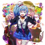  1girl baby_animal bird blue_eyes blue_hair blue_jacket blue_skirt breasts chick cleavage coffin fang jacket large_breasts long_hair necktie piyokichi_(uchihime) plaid_clothes plaid_skirt poseidon_(uchihime) pumpkin purple_necktie rowe school_uniform side_ponytail skirt uchi_no_hime-sama_ga_ichiban_kawaii 