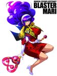  1girl blaster_mari breasts dress elbow_gloves faux_retro_artstyle full_body gloves green_eyes gundam highres holding holding_polearm holding_weapon large_breasts looking_at_viewer mahou_no_shoui_blaster_mari mobile_suit_gundam polearm purple_hair raisuta red_dress retro_artstyle smile solo weapon white_gloves 