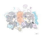  2girls 4th_live_dream_~bloom_the_dream_believers~ ? anger_vein animification black_hair black_shirt blush bob_cut closed_mouth colored_speech_bubble commentary eye_contact flying_sweatdrops highres jealous kurusu_rin link!_like!_love_live! long_hair looking_at_another looking_at_viewer love_live! multi-tied_hair multiple_girls ponytail real_life sakurai_hina shirt short_hair sidelocks speech_bubble spoken_anger_vein t-shirt voice_actor woodonly 