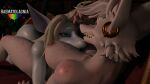 16:9 3d_(artwork) anthro areola breasts burmecian cuddling digital_media_(artwork) duo ear_piercing eye_contact female female/female final_fantasy final_fantasy_ix freckles freya_crescent green_eyes haematolagnia hair hi_res inner_ear_fluff intimate looking_at_another mammal murid murine nipples nude officer_flint_(foresttherotten) piercing rat rodent smile square_enix tail tuft warfare_flint white_body widescreen
