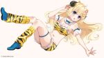  1girl animal_print arm_up bare_shoulders blonde_hair blue_shoes breasts brown_background fur-trimmed_shorts fur_trim hair_ornament highres hololive horns knees_together_feet_apart leg_up lightning_bolt_hair_ornament lightning_bolt_symbol long_hair looking_at_viewer loose_socks medium_breasts navel official_art open_mouth print_shorts print_socks purple_eyes rino_cnc sheep_horns shoes short_shorts shorts simple_background socks tiger_print tsunomaki_watame very_long_hair virtual_youtuber yellow_shorts yellow_socks 