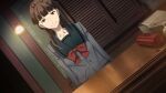  1girl aged_down blazer blunt_bangs bow breasts brown_eyes brown_hair buttons chest_bow chuo_tanegashima_high_school_uniform chuo_tanegashima_high_winter_school_uniform closed_mouth collarbone confident dutch_angle fukuda_tomonori game_cg green_sailor_collar grey_jacket grey_shirt highres indoors jacket looking_at_viewer medium_breasts official_art ponytail pov red_bow robotics;notes sailor_collar school_uniform senomiya_misaki shiny_eyes shirt smile solo toolbox window 
