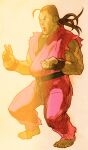  1boy angry barefoot bengus black_undershirt brown_eyes brown_hair capcom clenched_hands dougi facing_to_the_side fighting_stance fingerless_gloves game_cg gloves hand_on_own_hip hibiki_dan highres long_hair male_focus martial_arts_belt marvel marvel_vs._capcom marvel_vs._capcom_2 muscular muscular_male non-web_source official_art open_mouth ponytail scan sidelighting simple_background solo street_fighter 