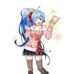  1girl ahoge black_skirt blue_eyes blue_hair breasts brown_thighhighs card hair_ribbon holding holding_card jewelry long_hair necklace off-shoulder_sweater off_shoulder one_eye_closed open_mouth pink_sweater poseidon_(uchihime) red_ribbon ribbon rowe side_ponytail skirt sweater thighhighs uchi_no_hime-sama_ga_ichiban_kawaii 