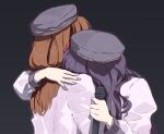  2girls 4th_live_dream_~bloom_the_dream_believers~ animification black_background black_hair black_hat brown_hair cerise_bouquet commentary dream_believers dress flower grey_nails hair_flower hair_ornament hanamiya_nina hand_on_another&#039;s_shoulder hashtag-only_commentary hat highres hug link!_like!_love_live! long_hair long_sleeves love_live! multiple_girls nail_polish nirei_nozomi official_alternate_costume pink_dress real_life red_flower sio_pasta upper_body voice_actor 