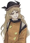  1girl black_hat blonde_hair blush boru34 brown_eyes clenched_teeth grin hat light_blush long_hair matara_okina parted_lips puff_of_air robe simple_background smile solo teeth touhou very_long_hair white_background yellow_robe 