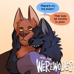  1:1 anthro ask_blog ask_the_werewolves black_fur blackbird_(atw) brown_fur canid canine canis comic duran_(atw) female fur hug jd_laclede male male/female mammal orange_eyes orange_sclera were werecanid werecanine werewolf wolf 