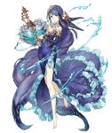 1girl anklet aqua_eyes bare_shoulders barefoot breasts d: detached_sleeves dress fins frilled_dress frills full_body gem gold_trim hair_ornament jewelry ji_no large_breasts long_hair looking_at_viewer necklace ningyo_hime_(sinoalice) official_art open_mouth parted_lips purple_hair side_slit sinoalice solo transparent_background very_long_hair vial water 
