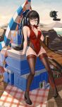  absurdres arm_support armpit_crease ass_visible_through_thighs bare_shoulders beach beach_umbrella between_breasts black-framed_eyewear black_hair black_shoes blue_sky blush bottle boulder box breasts brown_eyes brown_thighhighs bunting can chinese_commentary cleavage closed_mouth closed_umbrella cloud commentary_request cooler covered_navel cropped drawstring drink_can earrings english_commentary eve_(stellar_blade) full_body glasses groin hand_on_own_chest heart_pendant high_heels high_ponytail highleg highleg_leotard highres hill hood hood_down hooded_leotard jewelry jfzm001 leaning_back leotard long_hair looking_at_viewer looking_to_the_side medium_breasts mixed-language_commentary on_box outdoors picnic_blanket pigeon-toed ponytail pumps red_leotard round_eyewear shoes sideways_glance sitting sitting_on_box sky sleeveless smile stellar_blade stiletto_heels straight_hair string_of_flags swept_bangs thighhighs thighs tree umbrella unzipped variant_set wooden_floor zipper zipper_pull_tab 