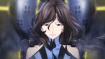  1girl bare_shoulders blood blood_drip blood_from_forehead blood_on_face blue_bodysuit bodysuit brown_eyes brown_hair clothing_cutout collarbone exoskeleton floating_hair fukuda_tomonori game_cg hair_over_shoulder high_collar highres indoors lipstick long_hair looking_at_viewer makeup mature_female mecha_interior mecha_pilot_suit narrowed_eyes non-web_source official_art parted_bangs pilot piloting red_lips robotics;notes senomiya_misaki shiny_lips shoulder_cutout sitting skin_tight smile smoke solo vertical-striped_bodysuit 