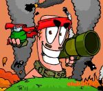  4_fingers ambiguous_gender brown_eyes cel_shading clothing digital_drawing_(artwork) digital_media_(artwork) explosives feral fingerless_gloves fingers floating_hands gloves grass grenade group handwear holding_grenade holding_object holding_ranged_weapon holding_rocket_launcher holding_weapon kerchief limbless looking_at_viewer noseless outside plant ranged_weapon red_kerchief rocket_launcher shaded smoke solo_focus toony toothy_grin unknown_artist war weapon worm worm_(worms) worms_(series) 