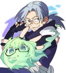  1boy 1girl bad_id bad_pixiv_id bidarian black_gloves black_shirt fingerless_gloves ghost ghost_tail gloves grey_hair grin long_hair looking_at_viewer naruto_(series) naruto_shippuuden ninja round_eyewear semi-rimless_eyewear shirt simple_background smile teeth white_background yakushi_kabuto yakushi_nonou 