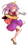  1girl closed_eyes commentary_request dairi facing_viewer full_body geta hand_fan high_ponytail holding holding_fan holding_smoking_pipe japanese_clothes kimono komakusa_sannyo large_variant_set open_mouth ponytail purple_hair purple_skirt red_kimono skirt smile smoking_pipe solo tachi-e touhou transparent_background variant_set 