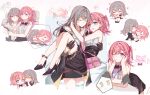  2girls absurdres asta_(honkai:_star_rail) black_bow black_bowtie black_coat black_gloves black_shoes black_skirt blue_eyes blush bow bowtie braid carrying center_frills chibi closed_eyes closed_mouth coat collared_shirt frills gloves grey_hair heart high_heels highres honkai:_star_rail honkai_(series) kiss long_hair looking_at_another medium_hair multiple_girls multiple_views one_eye_closed open_clothes open_coat open_mouth peppy_(honkai:_star_rail) pink_bag pink_hair princess_carry shirt shoes simple_background skirt sleeveless sleeveless_shirt smile spoken_heart stelle_(honkai:_star_rail) thigh_strap trailblazer_(honkai:_star_rail) white_background white_shirt yajuu yellow_eyes 