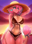  anthro belly big_breasts bikini biped black_bikini black_bra black_clothing black_swimwear black_underwear blue_body blue_eyes blue_fur blue_hair blue_horn blue_sclera bra breasts brown_clothing brown_hat brown_headwear clothed clothed_anthro clothed_female clothing curved_horn dipstick_ears ear_markings female female_anthro fur hair hand_behind_butt hand_behind_head hat headgear headwear hi_res horn huge_breasts krystal_(darkmaster781) mature_anthro mature_female multicolored_ears navel pink_arms pink_body pink_ears pink_fur pink_hair pink_horn pink_inner_ear pink_legs pink_tail_tuft pupils purple_horn slit_pupils solo swimwear tail tail_hair tail_mane tail_tuft tuft two-piece_swimsuit underwear white_belly white_body white_breasts white_ear_tips white_fur wickerbeast xaenyth 