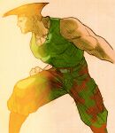  1boy american_flag american_flag_tattoo angry bengus brown_eyes camouflage camouflage_pants capcom clenched_hand clenched_teeth dog_tags facing_to_the_side fighting_stance flattop game_cg green_tank_top guile highres impossible_hair male_focus marvel marvel_vs._capcom marvel_vs._capcom_2 mohawk muscular muscular_male non-web_source official_art pants scan sidelighting simple_background solo street_fighter tank_top tattoo teeth 