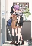  2girls bag bang_dream! bang_dream!_it&#039;s_mygo!!!!! black_hair black_shoes black_skirt black_socks brown_dress brown_shoes calendar_(object) closed_eyes closed_umbrella dress grey_shirt hanasakigawa_school_uniform hand_on_another&#039;s_neck handbag high-waist_skirt high_heels highres indoors loafers long_hair multiple_girls off-shoulder_shirt off_shoulder polaroid_photo purple_hair sailor_collar sailor_dress school_bag school_uniform shirt shoes short_hair skirt slippers socks umbrella vase white_sailor_collar xiaowu0074 yahata_umiri yuri yuutenji_nyamu 