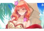  1boy 1girl bare_shoulders beach bikini blush breasts breath brown_bikini celica_(fire_emblem) celica_(summer)_(fire_emblem) cleavage collarbone criss-cross_halter fire_emblem fire_emblem_echoes:_shadows_of_valentia fire_emblem_heroes flower flower_hairband grabbing_another&#039;s_breast grabbing_from_behind groping hair_flower hair_ornament hairband halterneck heavy_breathing hetero highres hood kiran_(fire_emblem) large_breasts lips long_hair male_kiran_(fire_emblem) naughty_face ocean official_alternate_costume outdoors palm_tree parted_lips red_eyes red_hair revolverwing smile solo_focus summer swimsuit tree upper_body 