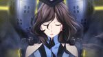  1girl bare_shoulders blood blood_drip blood_from_forehead blood_on_face blue_bodysuit bodysuit brown_hair closed_eyes clothing_cutout collarbone exoskeleton facing_viewer floating_hair fukuda_tomonori game_cg hair_over_shoulder high_collar highres indoors lipstick long_hair makeup mature_female mecha_interior mecha_pilot_suit non-web_source official_art open_mouth parted_bangs pilot piloting red_lips robotics;notes senomiya_misaki shiny_lips shoulder_cutout sitting skin_tight smoke solo tongue vertical-striped_bodysuit 