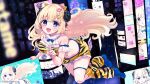  1girl :d animal_ears animal_print bare_shoulders blonde_hair blue_shoes breasts fur-trimmed_shorts fur_trim hair_ornament highres hololive horns index_finger_raised lightning_bolt_hair_ornament lightning_bolt_symbol long_hair looking_at_viewer loose_socks medium_breasts navel official_art open_mouth print_shorts print_socks purple_eyes rino_cnc sheep_ears sheep_girl sheep_horns shoes short_shorts shorts smile socks tiger_print tsunomaki_watame very_long_hair virtual_youtuber yellow_shorts yellow_socks 