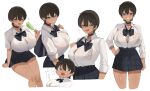  1girl absurdres bare_legs black_bow black_bowtie black_bra black_choker black_hair black_skirt bow bowtie bra bra_visible_through_clothes button_gap choker cropped_legs dress_shirt food grin gurenola highres holding holding_food holding_popsicle invisible_chair looking_at_viewer miniskirt multiple_views original plaid_clothes plaid_skirt pleated_skirt popsicle school_uniform shirt short_hair simple_background sitting skirt smile standing tan tomboy underwear white_background white_shirt 