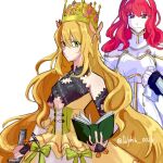  1girl bare_shoulders blonde_hair book bow butterfly_hair_ornament celica_(emblem)_(fire_emblem) celica_(fire_emblem) celine_(fire_emblem) crown dolphin_0028 dress dress_bow fire_emblem fire_emblem_echoes:_shadows_of_valentia fire_emblem_engage gem green_eyes hair_ornament highres holding holding_book long_hair looking_at_viewer open_book orange_bow orange_gemstone princess red_eyes red_hair solo_focus very_long_hair wrist_bow yellow_dress 