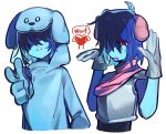  1other absurdres aiming aiming_at_viewer animal_ears armor blue_hair blue_pajamas blue_skin breastplate chinese_commentary colored_skin commentary_request deltarune dog_ears ear_gesture finger_gun heart highres kemonomimi_mode kris_(dark_world)_(deltarune) kris_(deltarune) lv_chan_cat official_alternate_costume onesie open_mouth pajamas red_eyes short_hair woof 