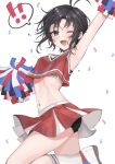  1girl ;d absurdres aburi-gatana antenna_hair arm_up armpits black_hair black_panties black_sports_bra breasts cheerleader confetti cropped_shirt highres idolmaster idolmaster_(classic) kikuchi_makoto looking_at_viewer miniskirt musical_note navel one_eye_closed panties pleated_skirt pom_pom_(cheerleading) shirt short_hair simple_background skirt sleeveless sleeveless_shirt small_breasts smile solo spoken_musical_note sports_bra standing standing_on_one_leg sweat underwear white_background 