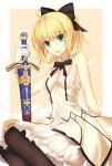  1girl :d ahoge arm_behind_back artoria_pendragon_(all) bangs black_bow black_legwear black_ribbon blonde_hair bow breasts cleavage detached_collar dress eyebrows_visible_through_hair fate/unlimited_codes fate_(series) gloves green_eyes hair_bow holding holding_sword holding_weapon hujitaumi looking_at_viewer neck_ribbon open_mouth pantyhose ponytail ribbon saber_lily sheath sheathed short_dress sideboob sleeveless sleeveless_dress small_breasts smile solo strapless strapless_dress sword weapon white_dress white_gloves 