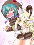 2017 4_eyes amber_eyes animal_humanoid asian_mythology blonde_hair blue_hair blush breasts clothed clothing cryptid digital_media_(artwork) dress duo east_asian_mythology eyebrow_through_hair eyebrows fangs felid felid_humanoid feline feline_humanoid felis female female/female flesh_fang gloves grabbing_from_behind hair handwear hi_res hitting_head holding_arm hoodie hug hugging_another hugging_from_behind human_ears humanoid japanese_mythology kemono_friends living_tail mammal mammal_humanoid markings motion_lines multi_eye multicolored_clothing multicolored_gloves multicolored_hair multicolored_handwear multicolored_hoodie multicolored_ribbon mythological_creature mythological_scalie mythology neck_ribbon nipple_outline open_mouth pantsless pattern_clothing pattern_hoodie pattern_topwear pink_bow pink_ribbon pockets red_eyes reptile reptile_humanoid sand_cat sand_cat_(kemono_friends) sand_cat_humanoid scalie scalie_humanoid shaking simple_background sleveless_shirt snake snake_hood snake_humanoid snake_tail striped_clothing striped_hoodie striped_markings striped_tail striped_topwear stripes surprise surprised_expression tail tail_markings tail_motion teeth thick_tail topwear translucent translucent_hair tsuchinoko tsuchinoko_(kemono_friends) uho440 unusual_anatomy unusual_clothing unusual_tail yellow_clothing yellow_dress yellow_eyes yellow_gloves yellow_handwear yellow_ribbon yokai