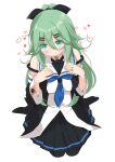  1girl absurdres black_ribbon black_serafuku black_skirt blue_neckerchief breasts detached_sleeves green_eyes green_hair hair_between_eyes hair_flaps hair_ornament hair_ribbon hairclip heart highres jewelry kantai_collection kokamori long_hair looking_at_viewer medium_breasts miniskirt neckerchief parted_bangs pleated_skirt ponytail ribbon ring school_uniform serafuku skirt smile solo very_long_hair wedding_ring yamakaze_(kancolle) 