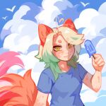 1:1 absurd_res ambient_bird blonde_hair blue_clothing blue_shirt blue_sky blue_t-shirt blue_topwear clothed clothing cloud corzh77 female food front_view green_hair hair half-length_portrait hi_res holding_food holding_object holding_popsicle humanoid mouth_closed multicolored_hair orange_tail pink_tail popsicle portrait red_ears red_tail shirt sky solo t-shirt tail tan_body tan_skin topwear two_tone_hair yellow_eyes