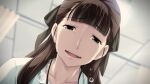  1girl aged_down black_ribbon blunt_bangs blurry blurry_background brown_eyes brown_hair casual ceiling collarbone crying crying_with_eyes_open curtains flying_teardrops from_below fukuda_tomonori game_cg hair_ribbon happy_tears highres hospital long_hair looking_at_viewer official_art open_mouth ponytail pov ribbon robotics;notes senomiya_misaki shiny_eyes shirt solo streaming_tears t-shirt tears teeth tile_ceiling tiles tongue upper_teeth_only white_shirt 