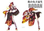  1girl black_skirt flame_print godzilla:_king_of_the_monsters godzilla_(series) hair_over_one_eye horns humanization looking_at_viewer neckerchief personification red_neckwear rodan rodan_(godzilla:_king_of_the_monsters) ryuusei_(mark_ii) sailor_collar school_uniform serafuku simple_background skirt translation_request white_background 