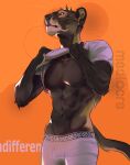 abstract_background anthro black_body black_fur blackscour bottomwear clothed clothing felid front_view fur hi_res looking_at_viewer male mammal mouth_closed muscular muscular_anthro muscular_male orange_eyes pecs portrait purple_sclera shirt solo standing t-shirt three-quarter_portrait topwear underwear undressing whiskers white_bottomwear white_clothing white_shirt white_t-shirt white_topwear white_underwear