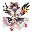  1girl ;d bare_legs black_hair black_skirt black_wings blush breasts camera commentary_request feathered_wings full_body hair_between_eyes hands_up happy hat holding holding_camera medium_hair miniskirt one_eye_closed pom_pom_(clothes) red_eyes shameimaru_aya shirt short_sleeves skirt small_breasts smile solo syuri22 tokin_hat touhou white_shirt wings 