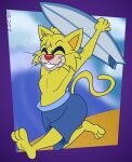 2024 anthro artist_name beach blonde_hair blue_bottomwear blue_clothing blue_swimming_trunks blue_swimwear bottomwear butt clothing cloud day digital_media_(artwork) domestic_cat eyes_closed fangs felid feline felis fur gavanzude hair happy hi_res holding_object holding_surfboard male mammal multicolored_body multicolored_bottomwear multicolored_clothing multicolored_fur nintendo outside red_nose running sand sharp_teeth smile solo spitz_(warioware) surfboard swimming_trunks swimwear tail tan_body tan_fur teeth text two_tone_body two_tone_bottomwear two_tone_clothing two_tone_fur two_tone_swimming_trunks warioware whiskers yellow_body yellow_ears yellow_fur yellow_tail